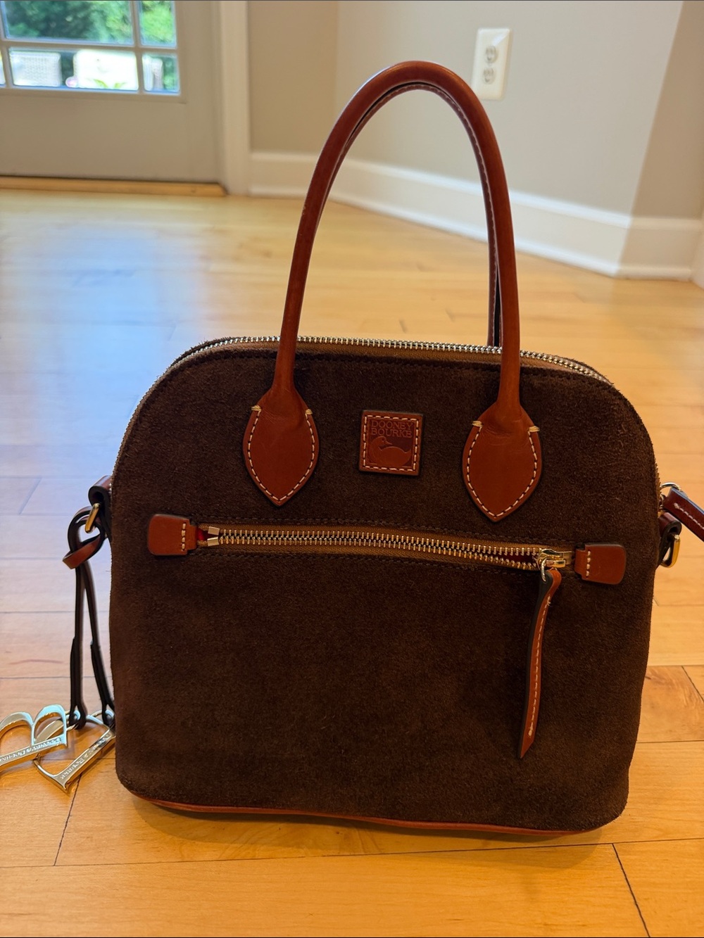 Dooney & Bourke Domed Satchel Dark Brown Suede Satchel with Cognac Leather Trim